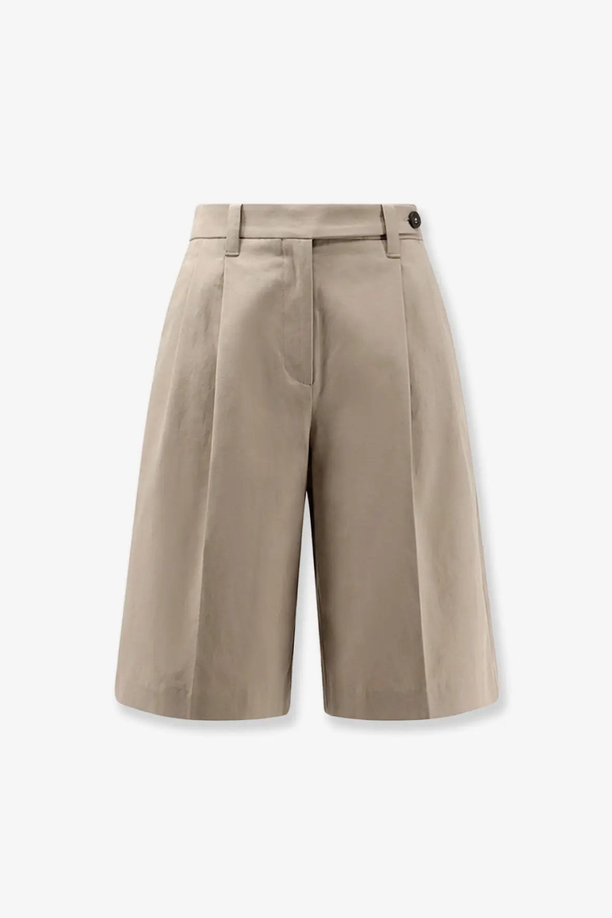 Beige pleated brunello cucinelli women’s cotton and linen shorts with tailored waistband and button closure