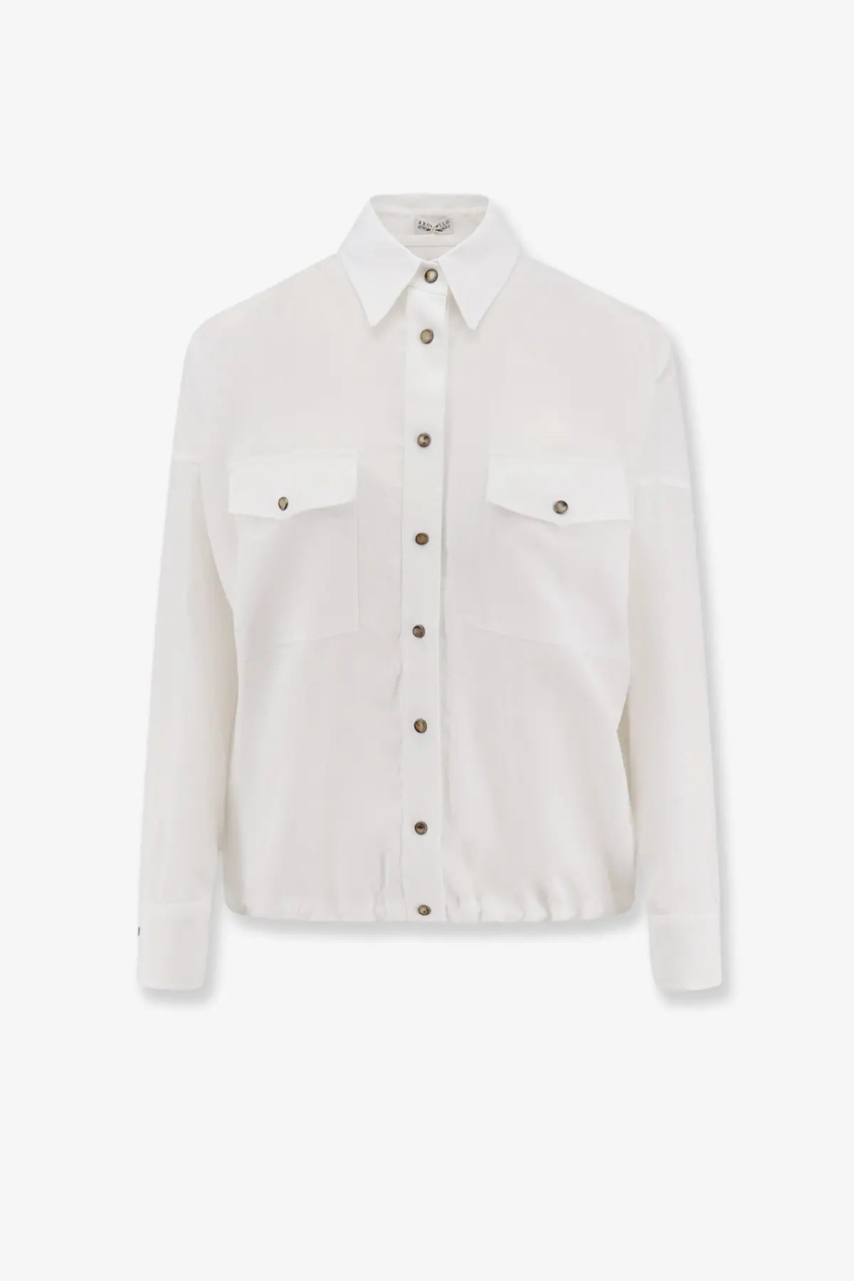Brunello Cucinelli women’s white cotton button-up shirt with two chest pockets and a classic collar