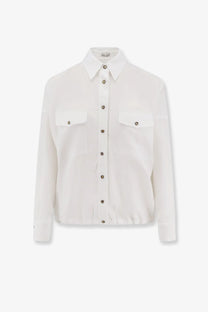 Brunello Cucinelli women’s white cotton button-up shirt with two chest pockets and a classic collar