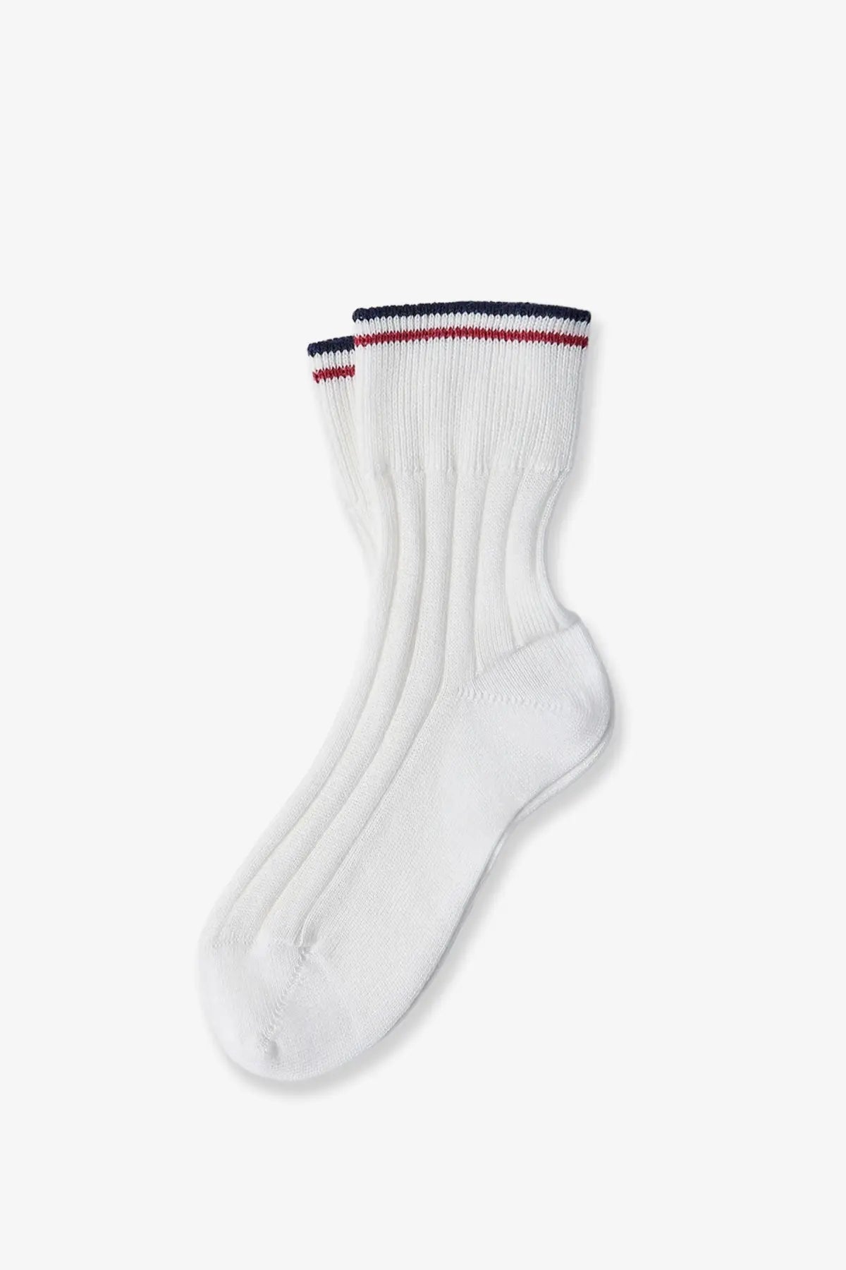 Brunello Cucinelli women’s white cotton ankle sock with ribbed texture and navy red striped cuff