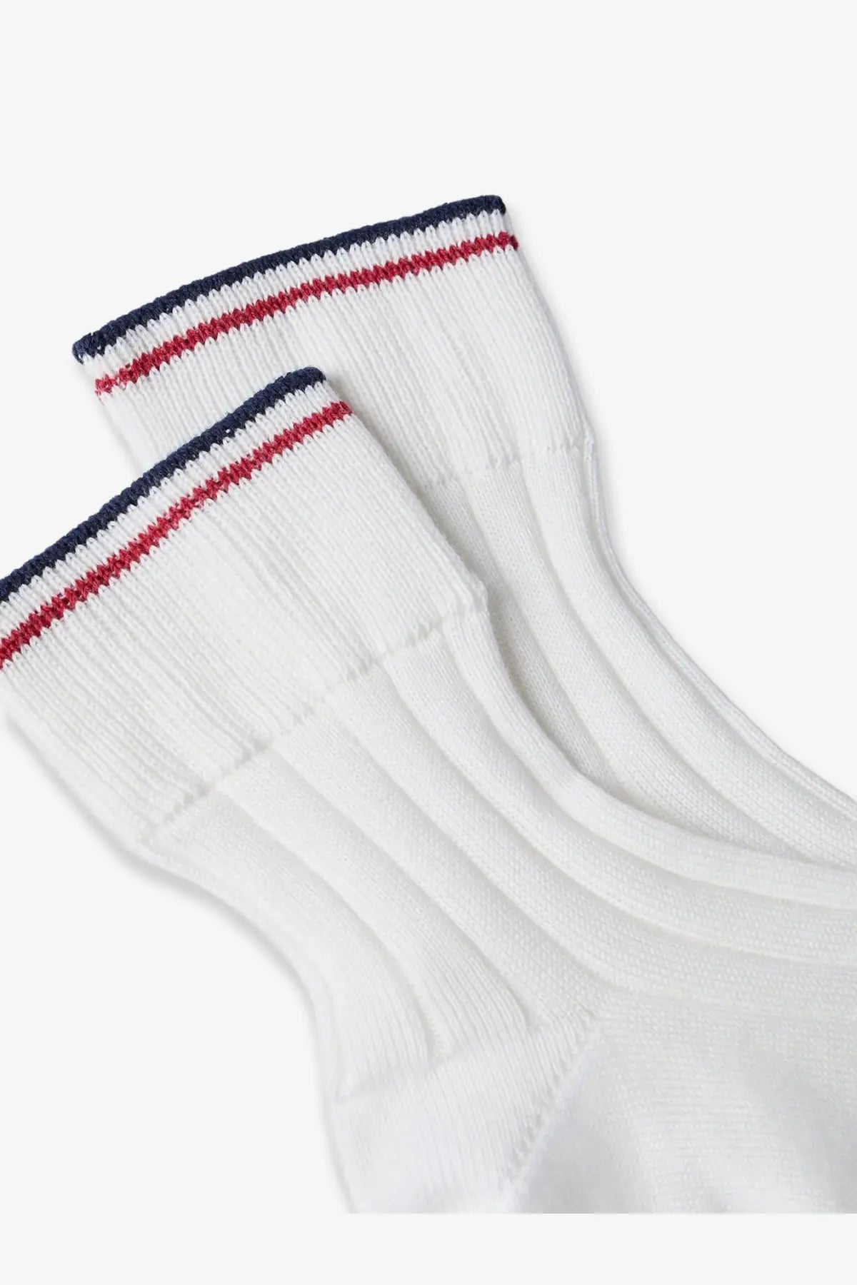 Brunello Cucinelli women’s white cotton socks with ribbed texture and navy red striped cuffs
