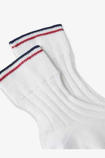 Brunello Cucinelli women’s white cotton socks with ribbed texture and navy red striped cuffs