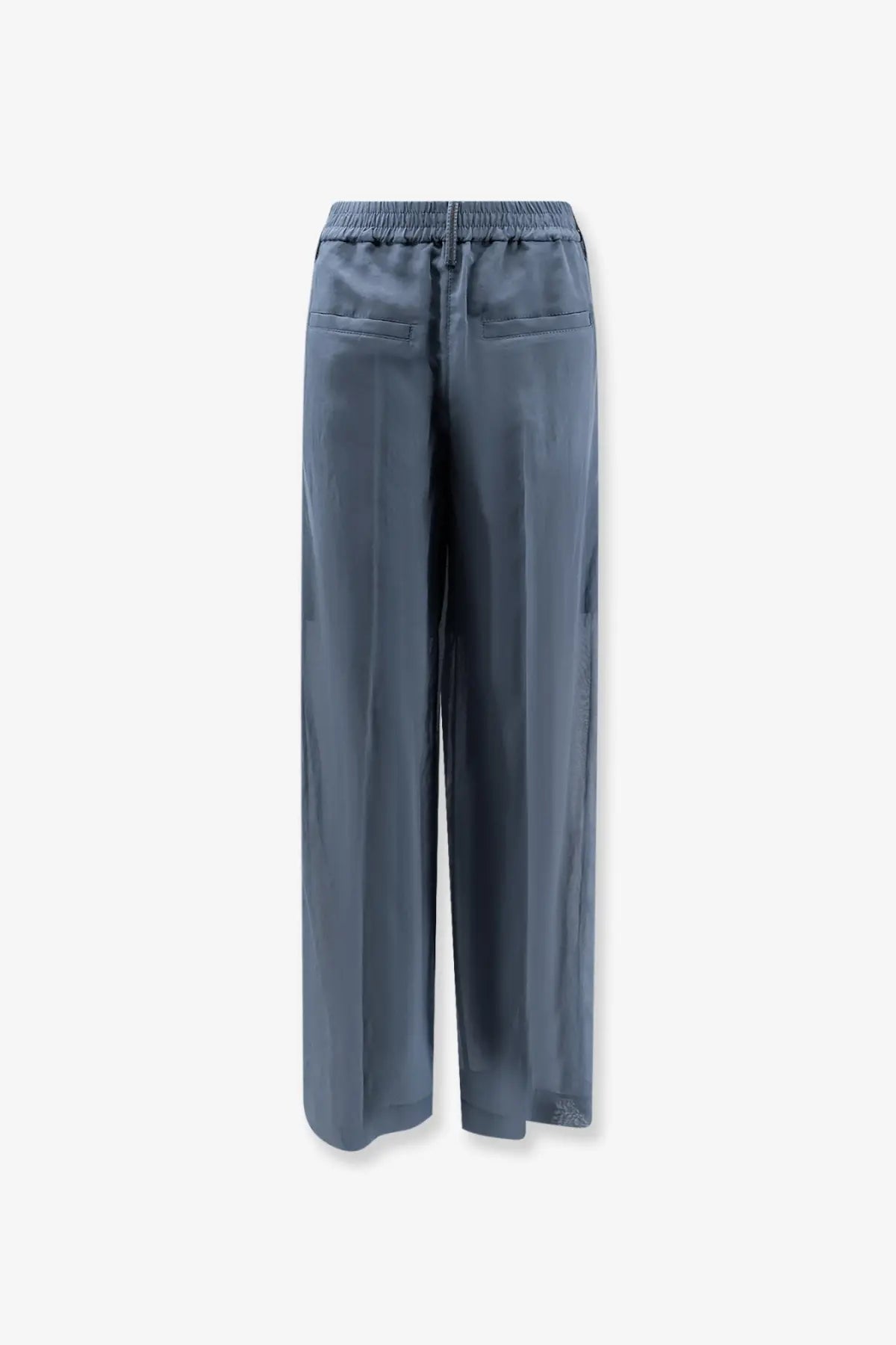 Brunello Cucinelli women’s gray cotton wide-leg trousers with drawstring waistband and subtle side pockets
