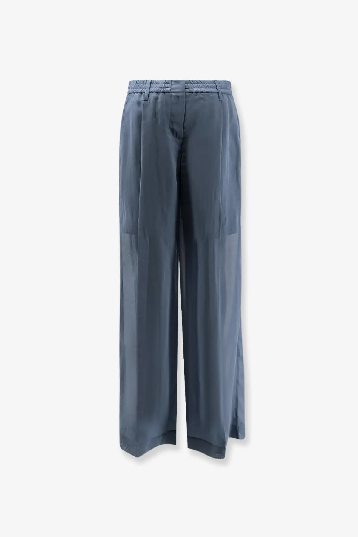 Brunello Cucinelli women’s cotton wide-leg trousers in sleek dark gray with elastic waistband and subtle pleats