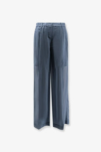 Brunello Cucinelli women’s cotton wide-leg trousers in sleek dark gray with elastic waistband and subtle pleats