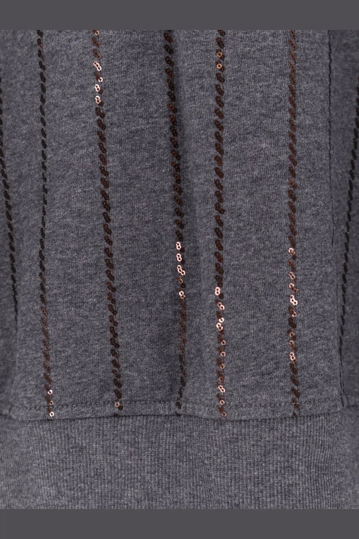 Brunello Cucinelli women’s gray heathered cotton t-shirt with vertical dark brown and rose gold sequin stripes