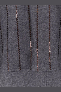 Brunello Cucinelli women’s gray heathered cotton t-shirt with vertical dark brown and rose gold sequin stripes