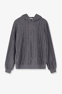 Brunello Cucinelli women’s gray cotton hoodie with vertical shimmering sequin stripes for a dazzling look