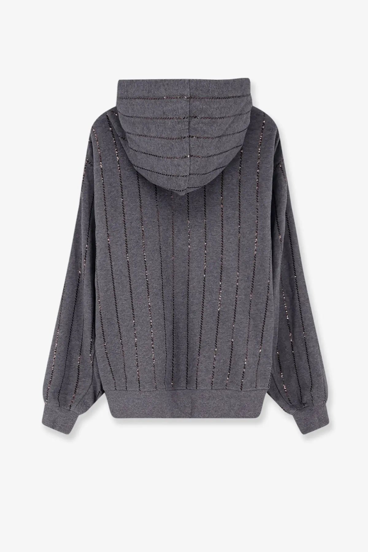 Brunello Cucinelli women’s gray cotton sweatshirt with vertical sequin stripes and a ribbed hood in piombo shade