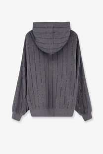 Brunello Cucinelli women’s gray cotton sweatshirt with vertical sequin stripes and a ribbed hood in piombo shade