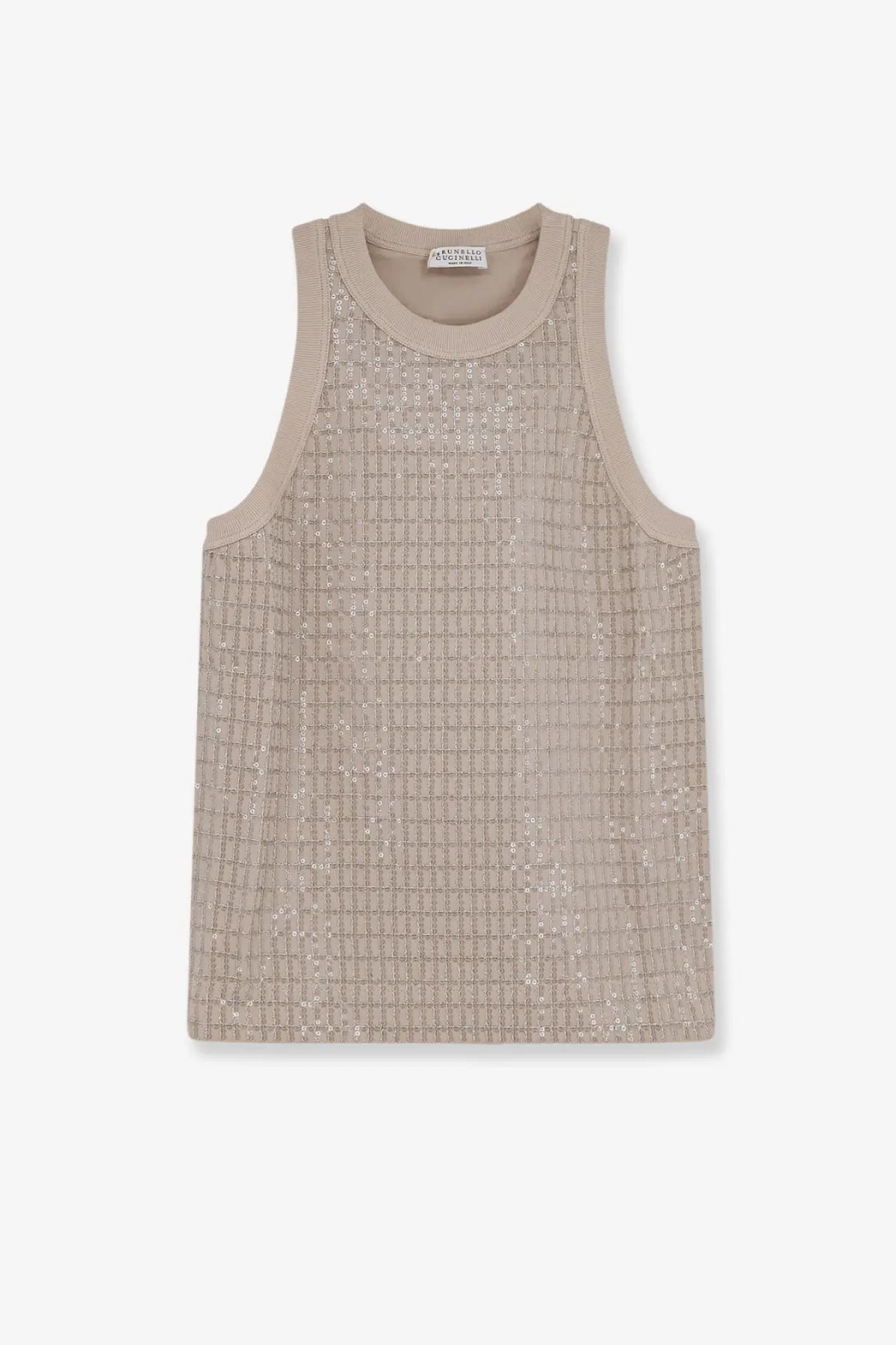Brunello Cucinelli women’s beige sleeveless jersey tank top with subtle shimmering grid pattern in white