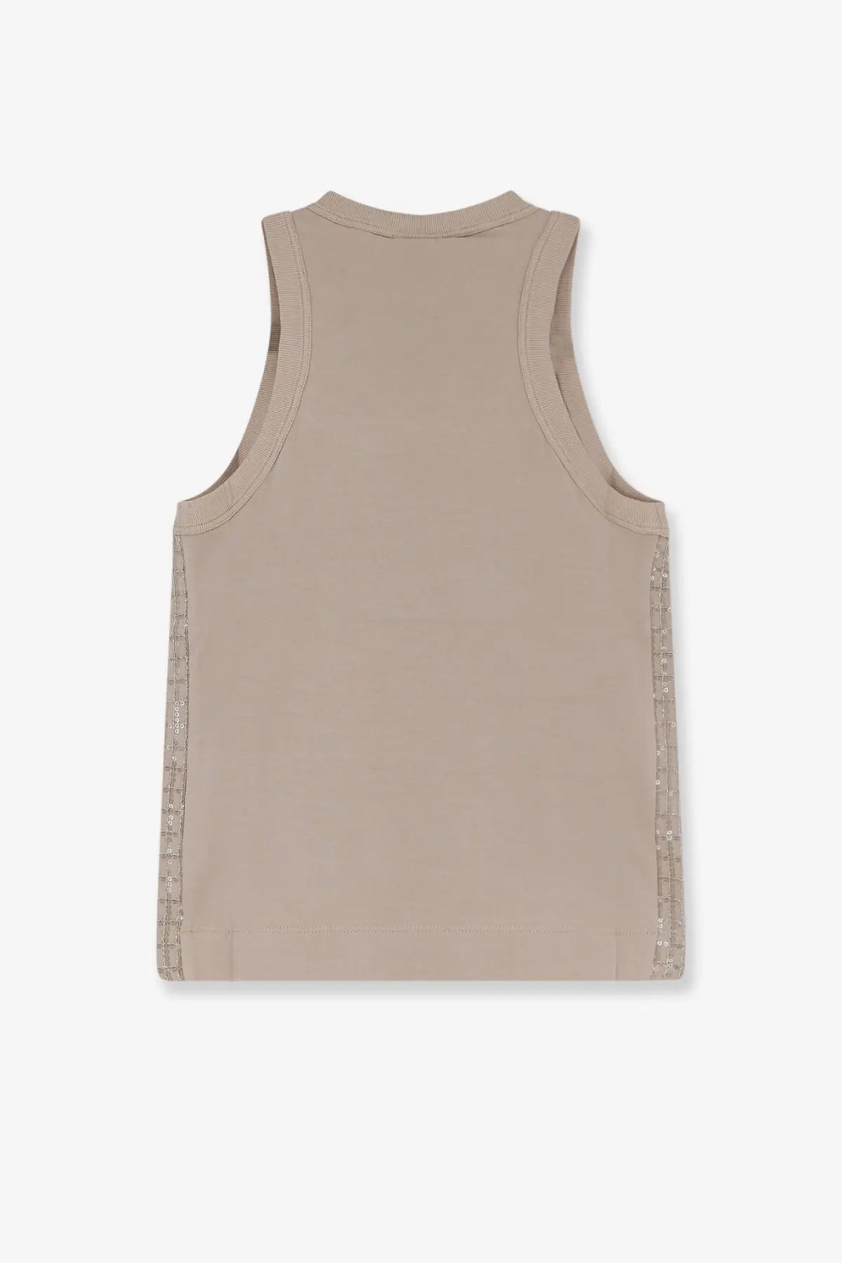 Brunello Cucinelli women’s white jersey tank top with beige sleeveless design and subtle textured trim along sides