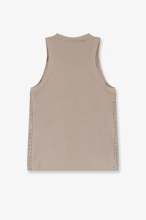 Brunello Cucinelli women’s white jersey tank top with beige sleeveless design and subtle textured trim along sides