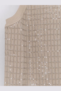Brunello Cucinelli women’s dazzling pattern jersey tank top in beige with sequins ribbed neckline and delicate grid pattern