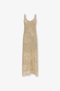 Brunello Cucinelli women’s beige knitted linen and cotton long dress with gold toned crochet and thin straps