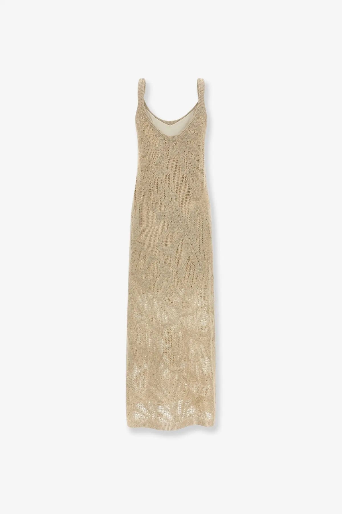 Brunello Cucinelli women’s beige knitted linen and cotton maxi dress with thin straps and intricate leaf-pattern design