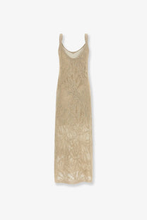 Brunello Cucinelli women’s beige knitted linen and cotton maxi dress with thin straps and intricate leaf-pattern design