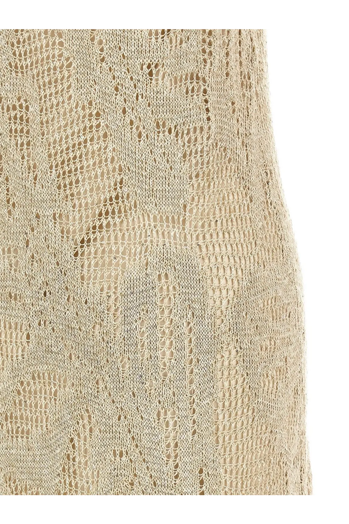 Beige knitted lace dress with intricate openwork pattern made of linen and cotton by Brunello Cucinelli