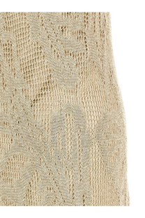 Beige knitted lace dress with intricate openwork pattern made of linen and cotton by Brunello Cucinelli