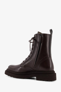 Dark brown leather combat boot with laces and side zipper from brunello cucinelli womens leather ankle boots gold collection