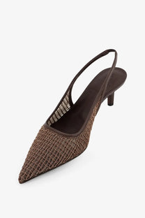 Brunello Cucinelli women’s brown leather slingback pump with pointed toe and textured mesh upper