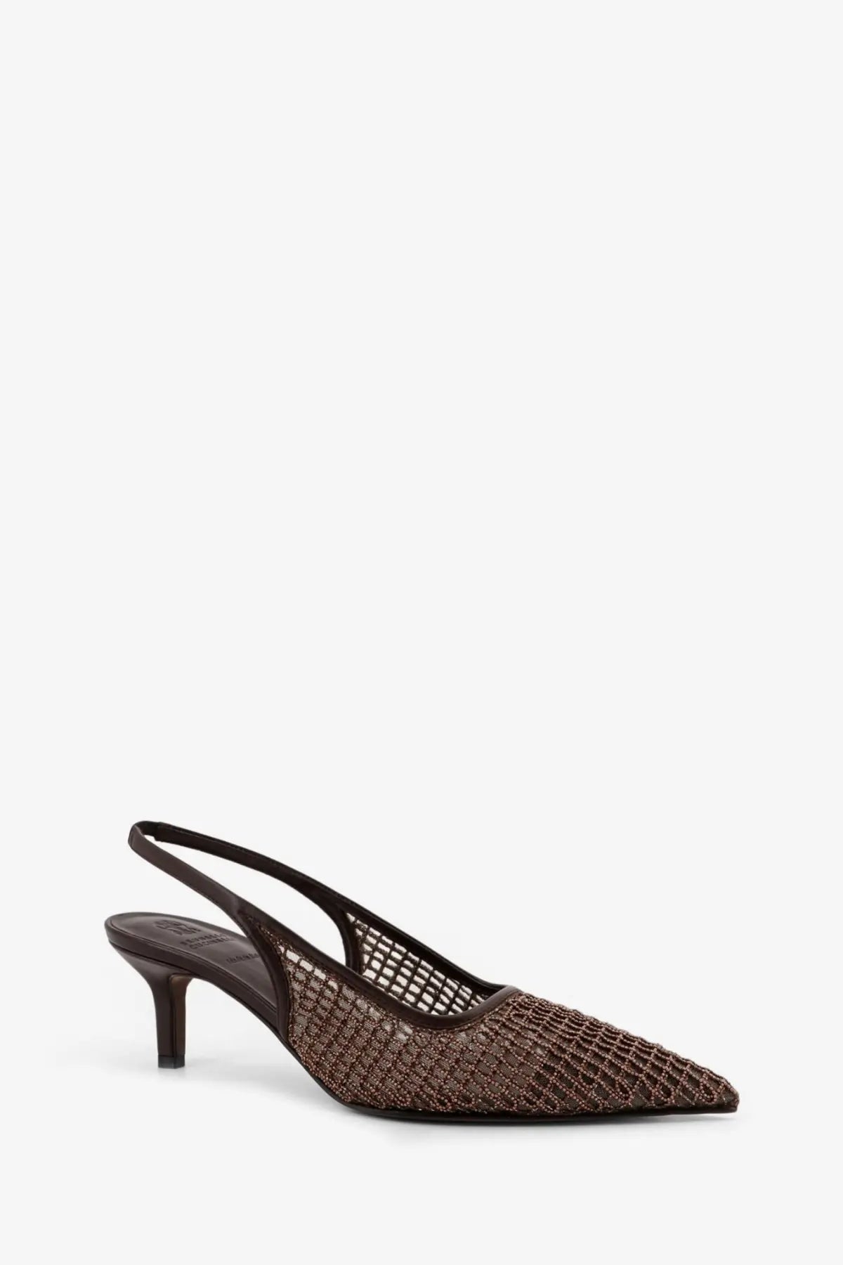 Brunello Cucinelli women’s brown leather mesh slingback pump with pointed toe and slender heel