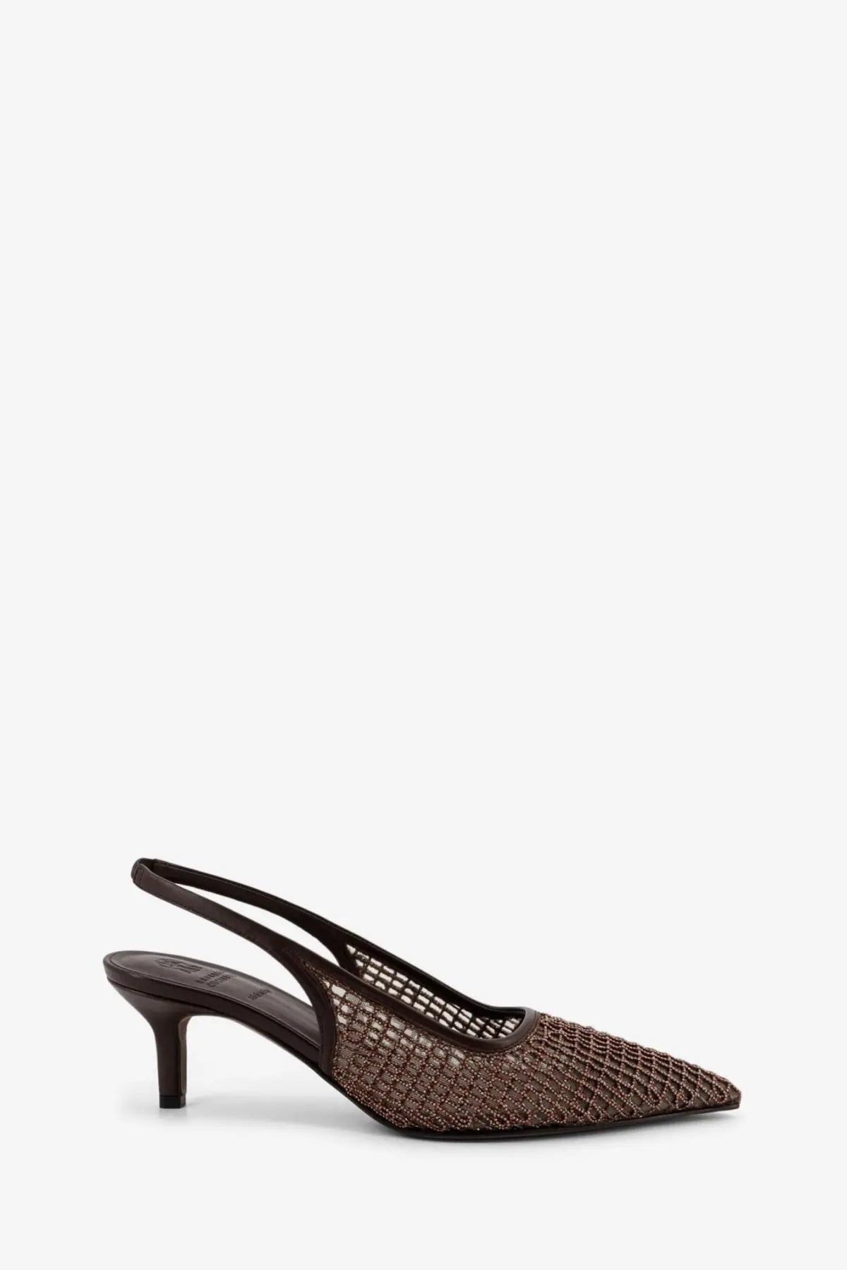 Brunello Cucinelli women’s leather écolleté gold brown mesh slingback heel with pointed toe and black leather accents