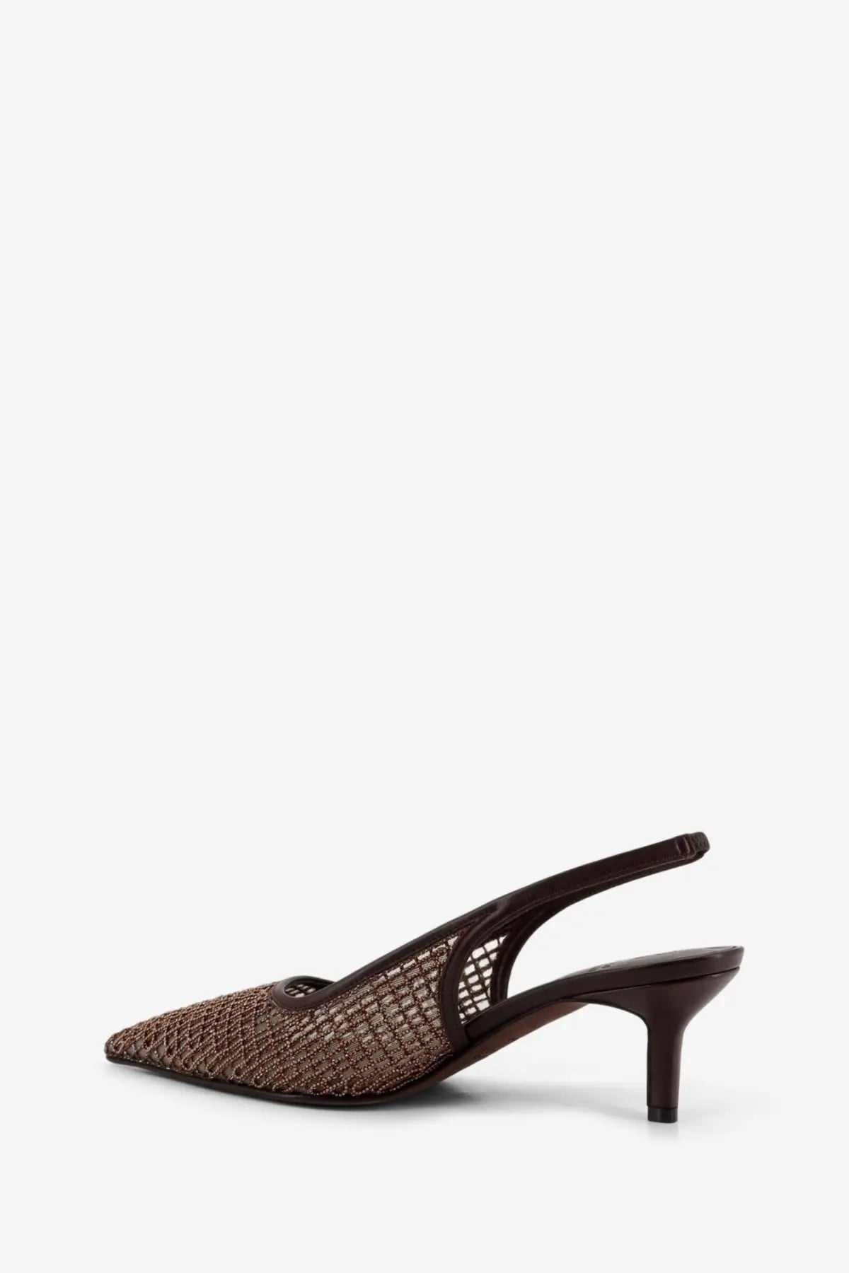 Brunello Cucinelli women’s brown leather écolleté heel with woven mesh slingback and pointed toe detailing