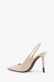 Brunello Cucinelli women’s beige leather satin slingback pump with slender heel and textured cap detail