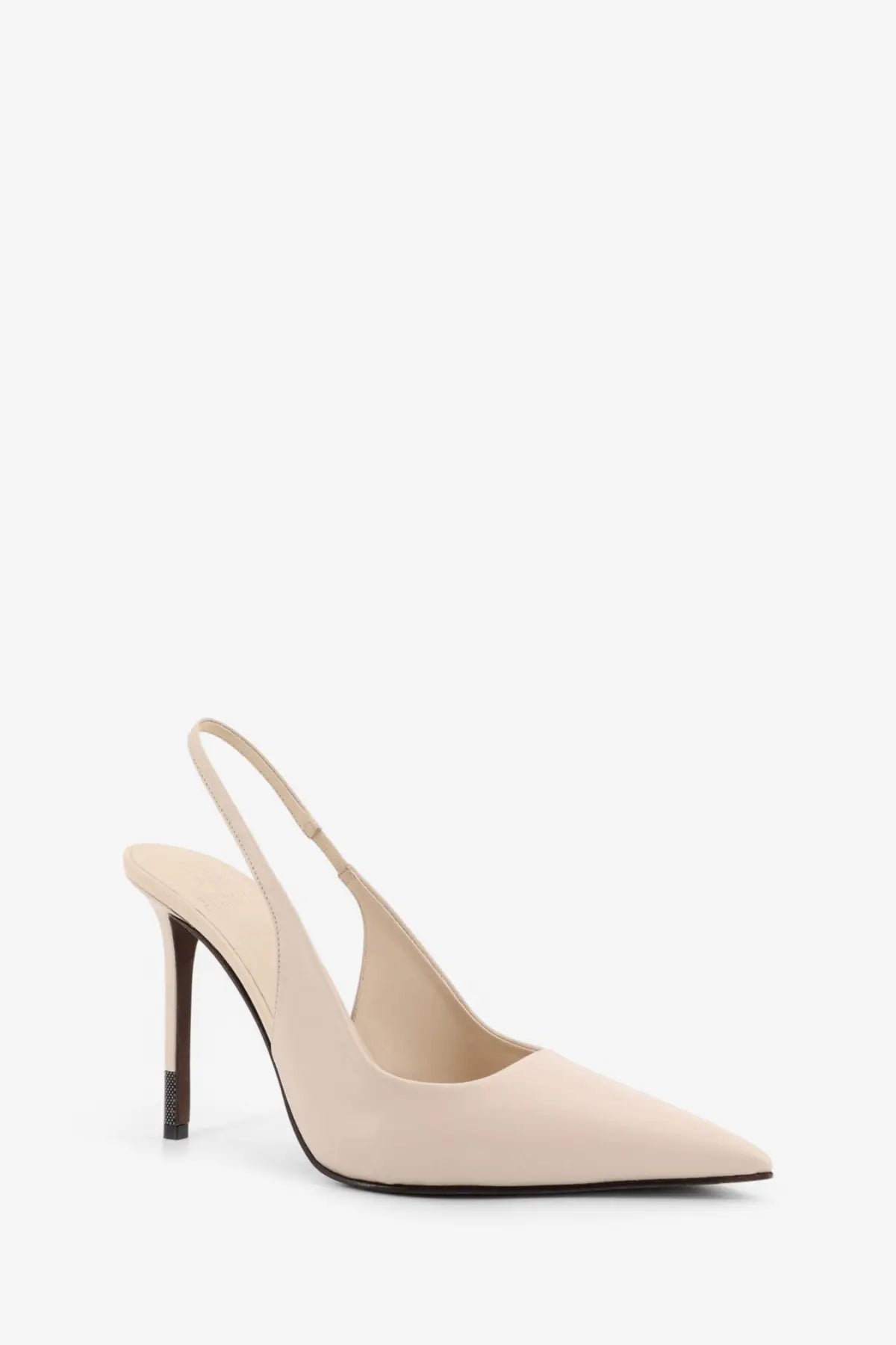 Beige satin brunello cucinelli women’s leather slingback pump with slender stiletto heel and black textured cap
