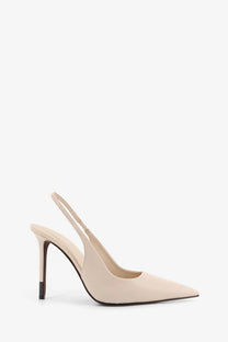 Brunello Cucinelli women’s beige satin leather slingback pumps with sleek pointed toe and textured black heel