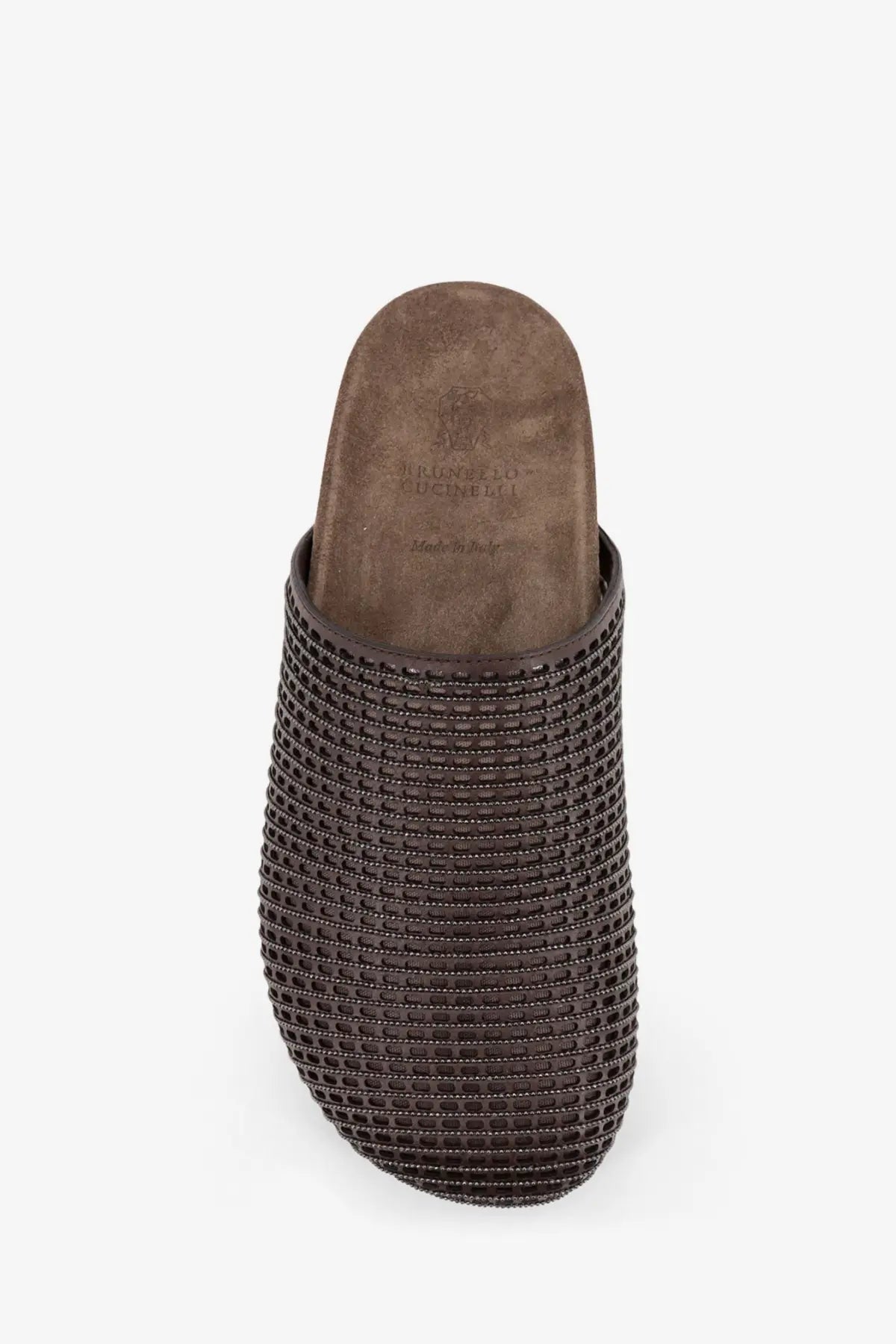 Brunello Cucinelli women’s brown leather clog with woven textured pattern and suede insole