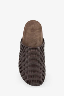 Brunello Cucinelli women’s brown leather clog with woven textured pattern and suede insole