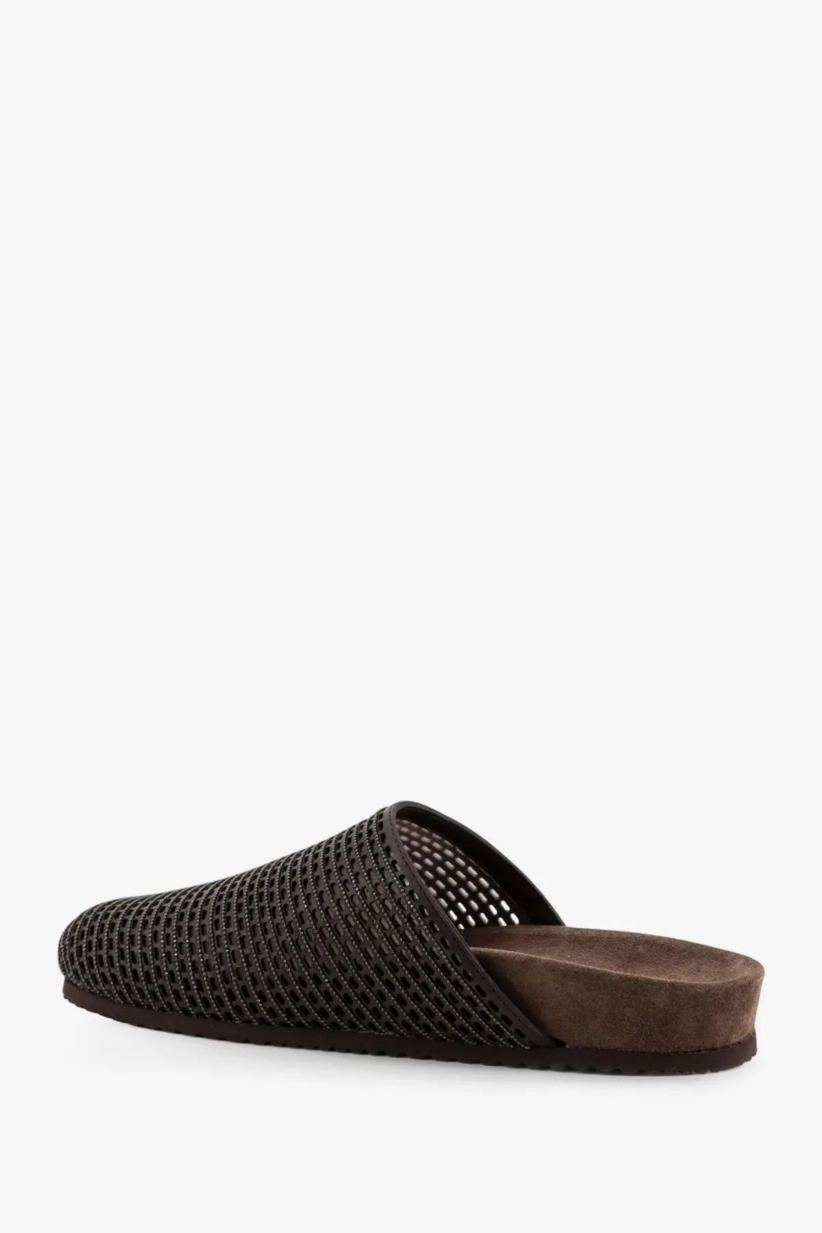 Brunello Cucinelli women’s black leather sandals featuring brown woven mesh slip-on mule design with suede sole