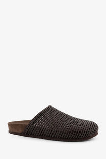 Brunello Cucinelli women’s black leather slip-on sandals with dark brown woven mesh and suede insole rubber sole