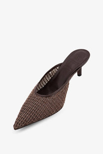 Brunello Cucinelli women’s brown leather sandals with brown glittery mesh mule design and slender heel with smooth lining