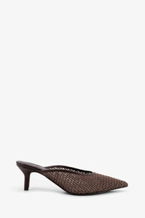 Brunello Cucinelli women’s brown leather sandals with woven mesh mule design and low stiletto heel and pointed toe