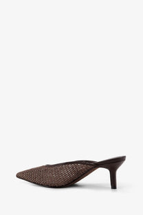 Brunello Cucinelli women’s brown leather sandals with woven mesh mule design pointed toe and low block heel