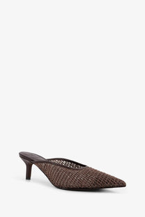 Brunello Cucinelli women’s brown leather sandals with woven mesh mule heel, pointed toe, and slender stiletto heel