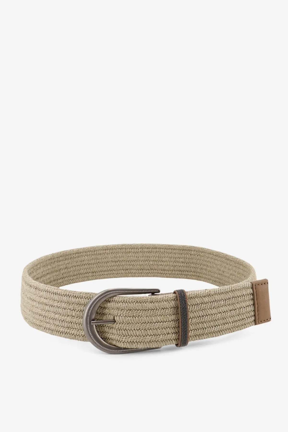 Beige woven Brunello Cucinelli women’s linen belt with matte silver buckle and tan leather tab