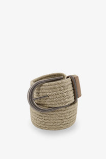 Beige woven rope belt with matte silver toned buckle and tan leather tab in brunello cucinelli women’s linen belt design