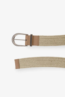 Brunello Cucinelli women’s linen beige woven belt with silver buckle and tan leather accents