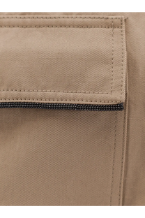 Beige cargo pants pocket with dark zipper and neat stitching featured with brunello cucinelli linen cotton blend shirt