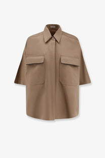 Brunello Cucinelli women’s beige oversized button-up shirt with short sleeves two front patch pockets linen cotton blend