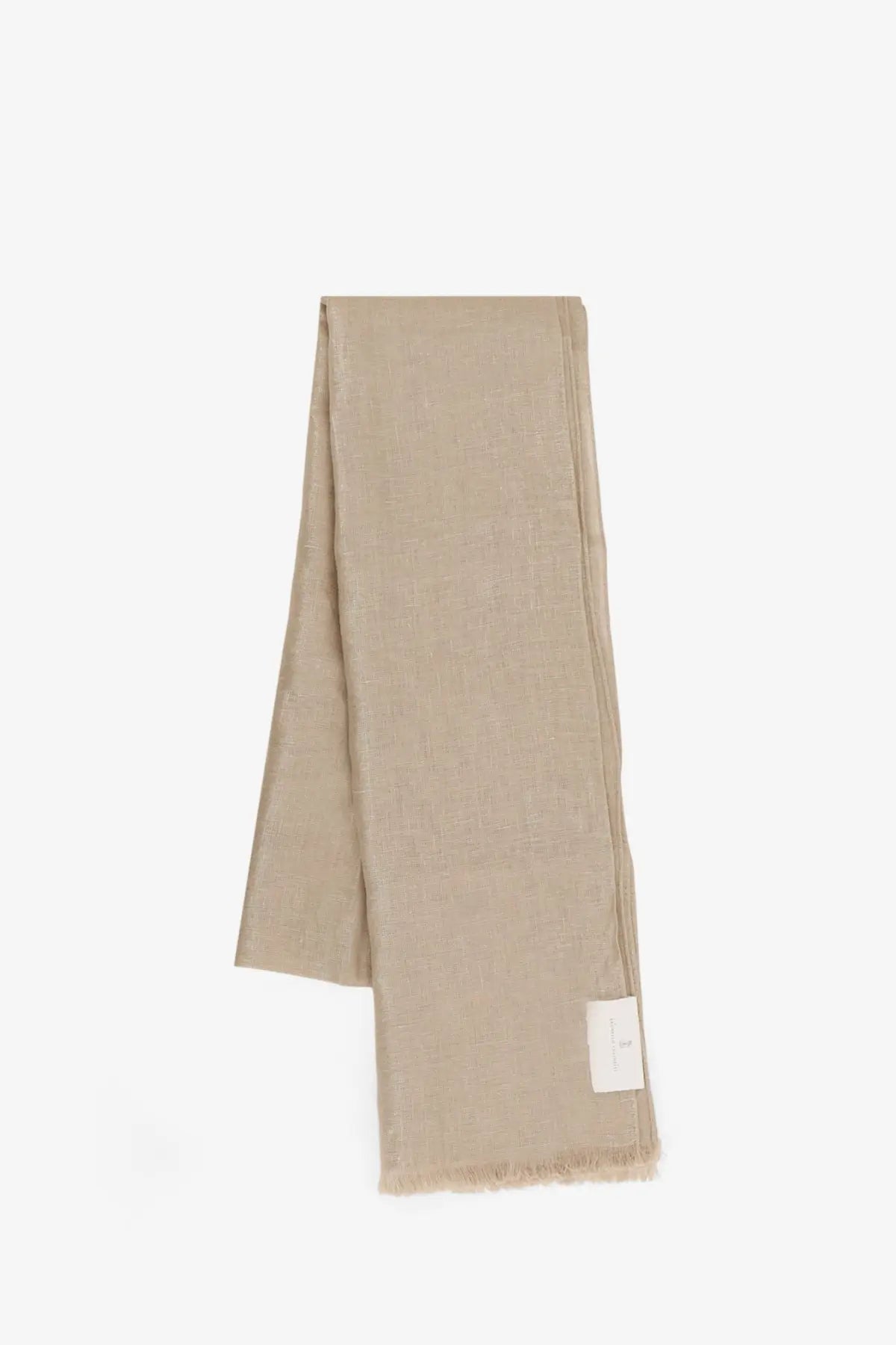 Beige linen lurex scarf by brunello cucinelli with subtle textured weave and frayed edges in vanille color