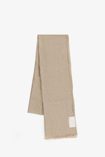 Beige linen lurex scarf by brunello cucinelli with subtle textured weave and frayed edges in vanille color