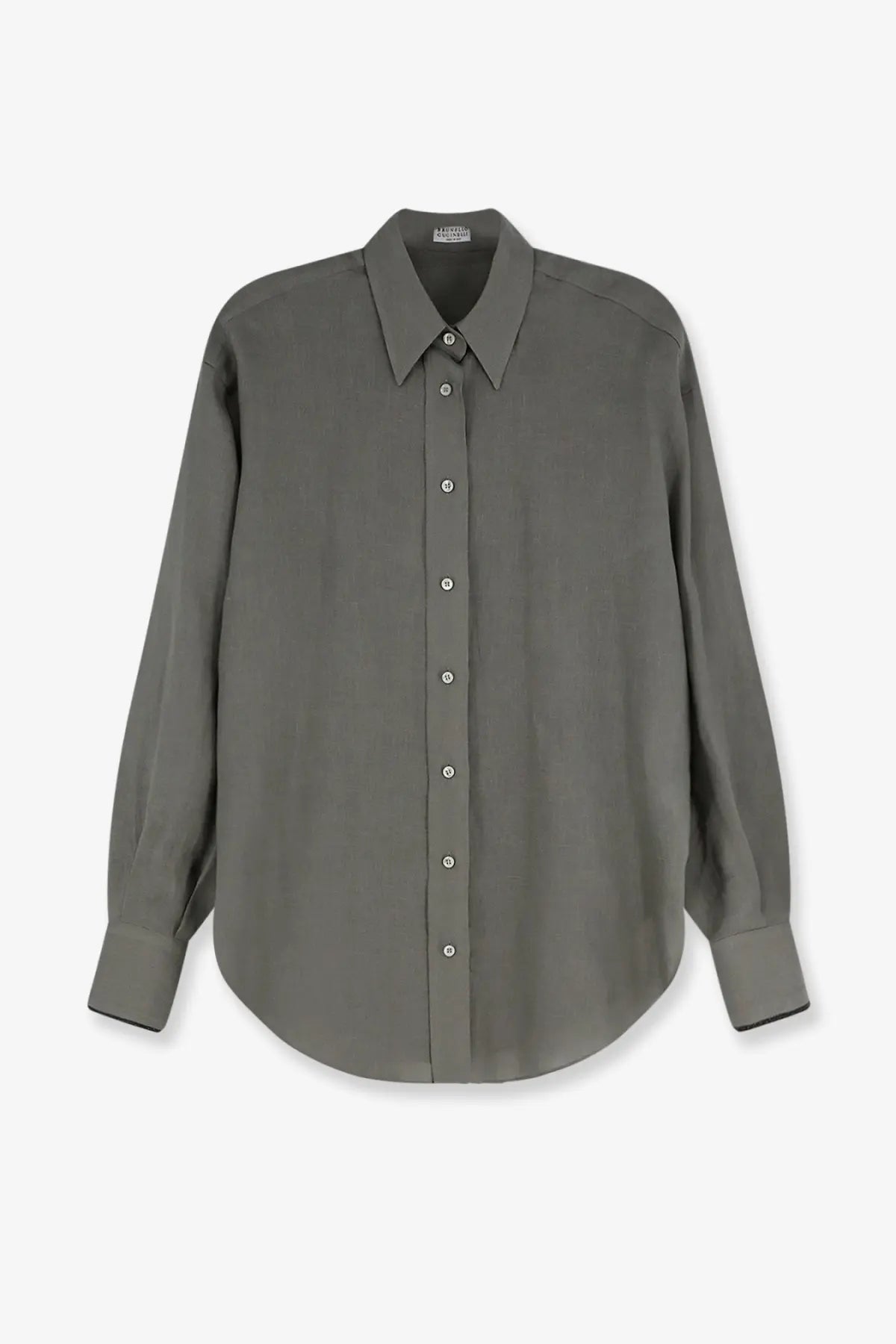 Brunello Cucinelli women’s olive green linen button-down shirt with classic collar and long sleeves