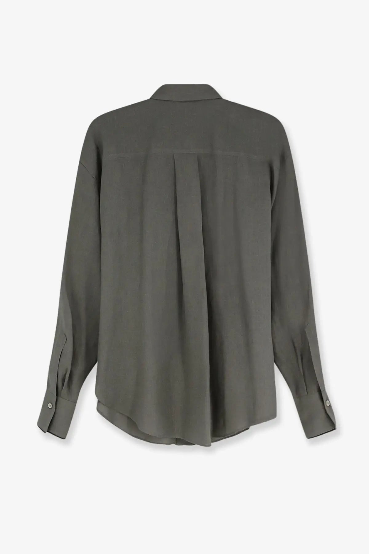 Brunello cucinelli women’s olive-green linen shirt with long sleeves pleated back and tailored lines shown from back