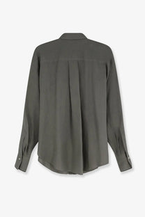 Brunello cucinelli women’s olive-green linen shirt with long sleeves pleated back and tailored lines shown from back