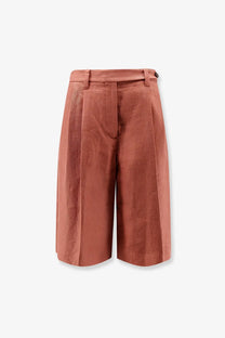 Brunello cucinelli women’s linen shorts in rust orange with high waist pleated front and belt loops